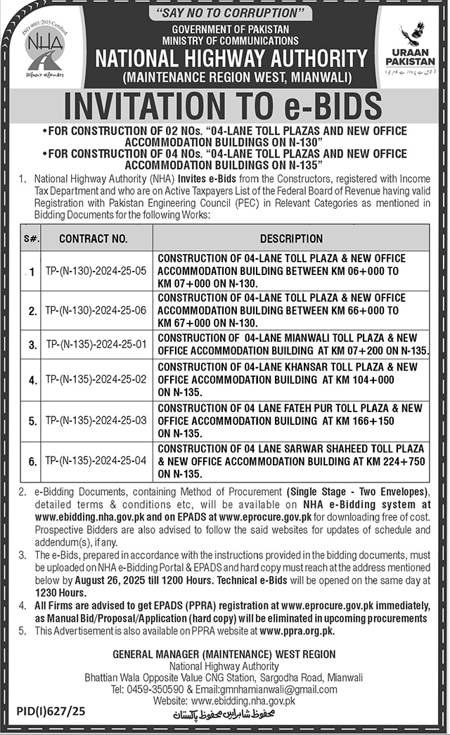 National Highway Authority Mianwali Tender Notice